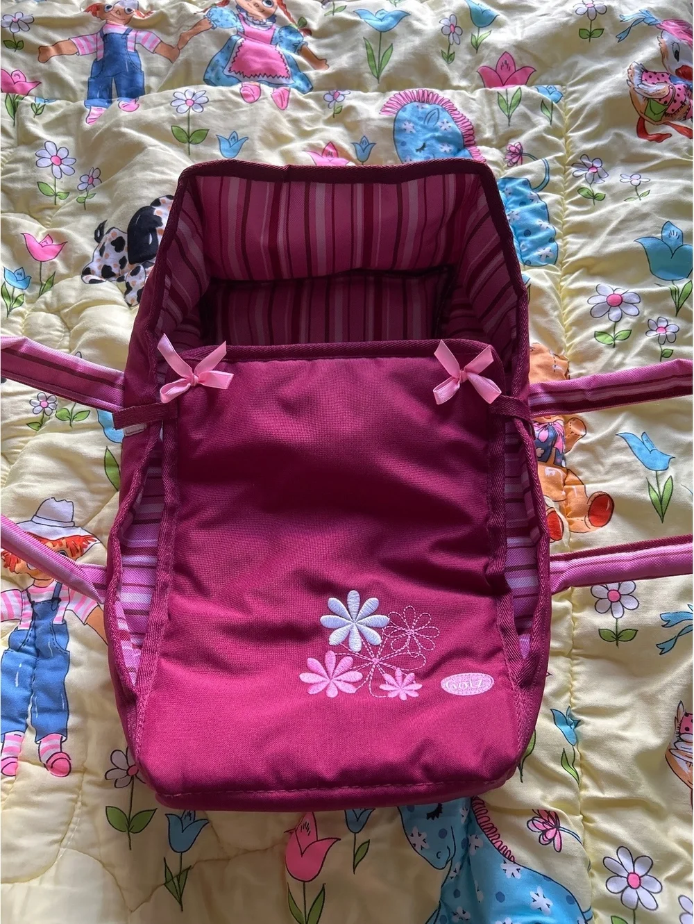 Götz Doll Carrier in Burgundy with Pink Floral Embroidery and Striped Interior
